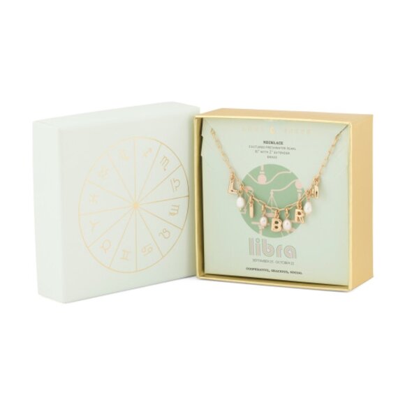 NWT LUNA NORTE Libra Gold Tone Pearl Astrological Lettering Necklace w/ Gift Box - Picture 3 of 3